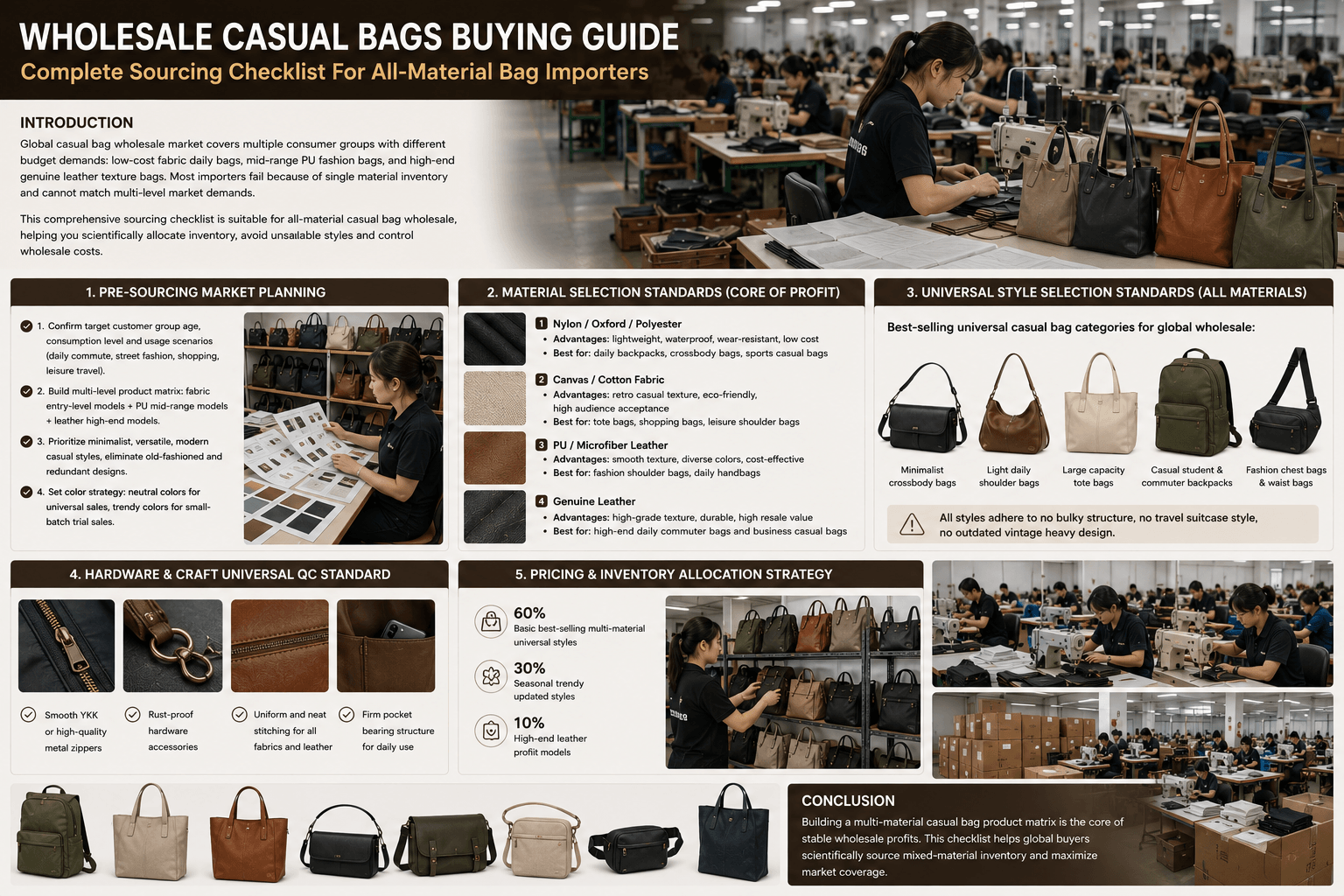 Wholesale Casual Bags Buying Guide – Complete Sourcing Checklist For All-Material Bag Importers Meta Description: All-in-one wholesale checklist for leather, PU, nylon and canvas casual bags. Avoid bad quality and slow-selling inventory.